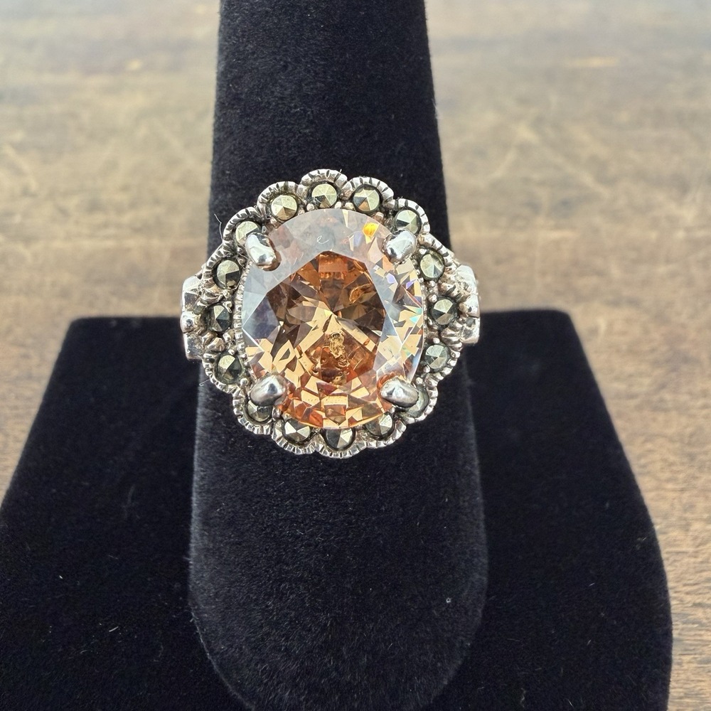 Sterling Silver Ring Oval Orange CZ Marcasite Accent Oxidized Finish Size 8.75